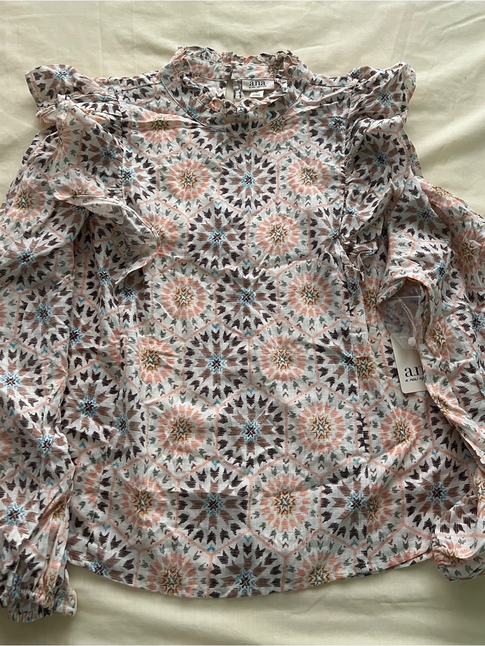 a.n.a Ruffled High-Neck Printed Blouse in Peach, Blue & Brown